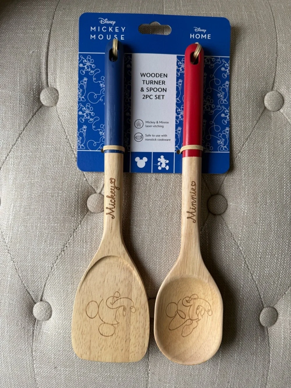 Disney Mickey Mouse & Minnie Wooden Turner & Spoon 2PC Set